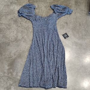 Blue and White Puff Sleeve Off the Shoulder Midi Sundress